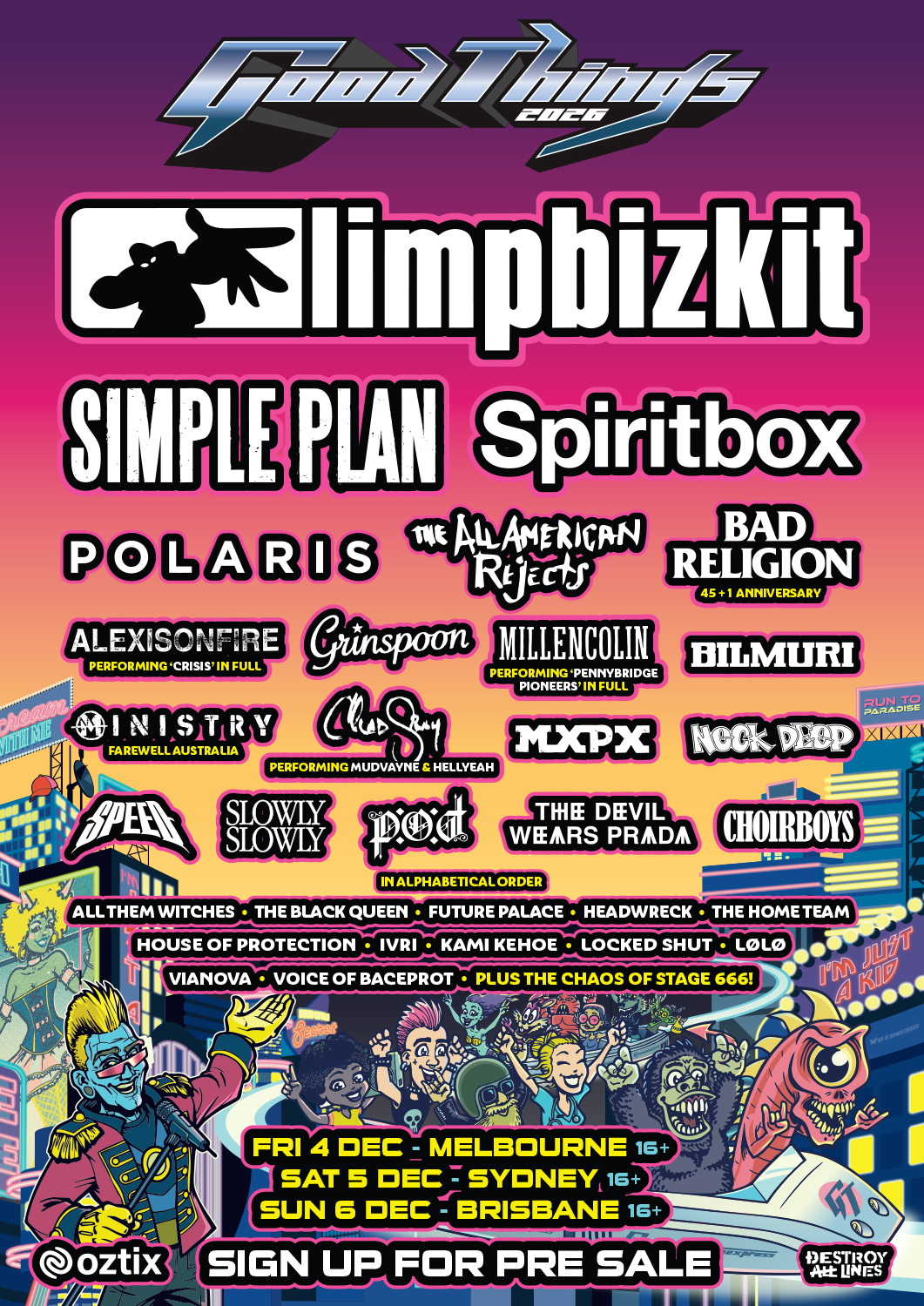 Lineup poster for Good Things 2026 featuring Limp Bizkit, Simple Plan, and Spiritbox over a vibrant, cartoon-illustrated city backdrop with tour dates.